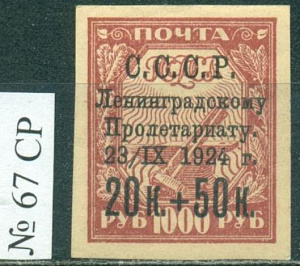 СССР, 1924, Пострадавшему от наводнения Ленинграду, № 67 CP, хлопчатая бумага *